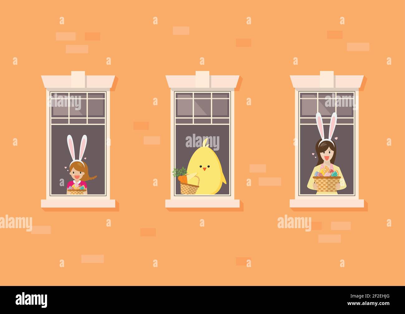 Apartment building facade with neighbor cute girl and woman in easter theme. vector illustration. Stock Vector