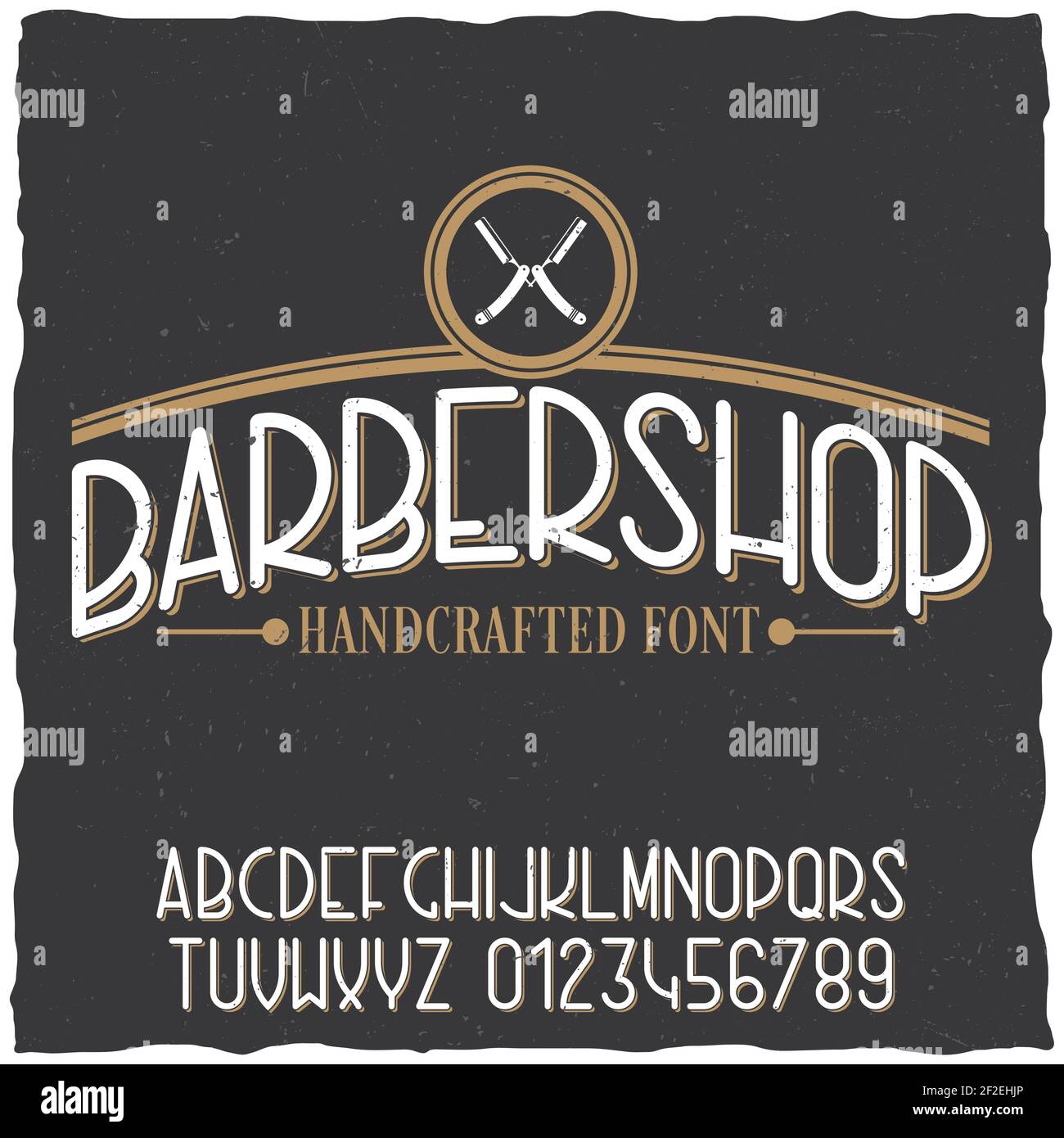 Barber shop typeface poster with sample label design on dusty background vector illustration Stock Vector
