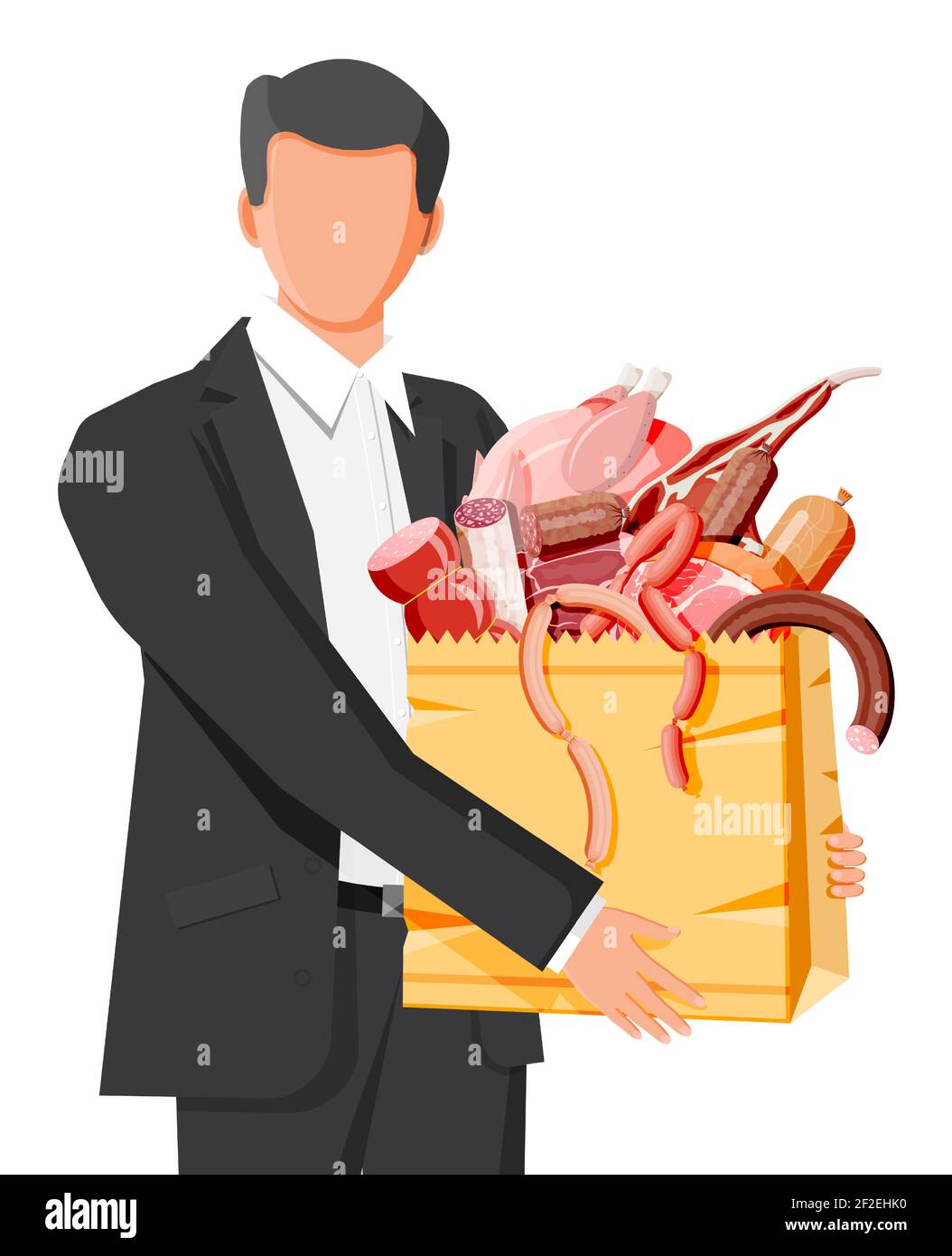 Man with shopping supermarket bag full of meat. Chop, sausages, bacon