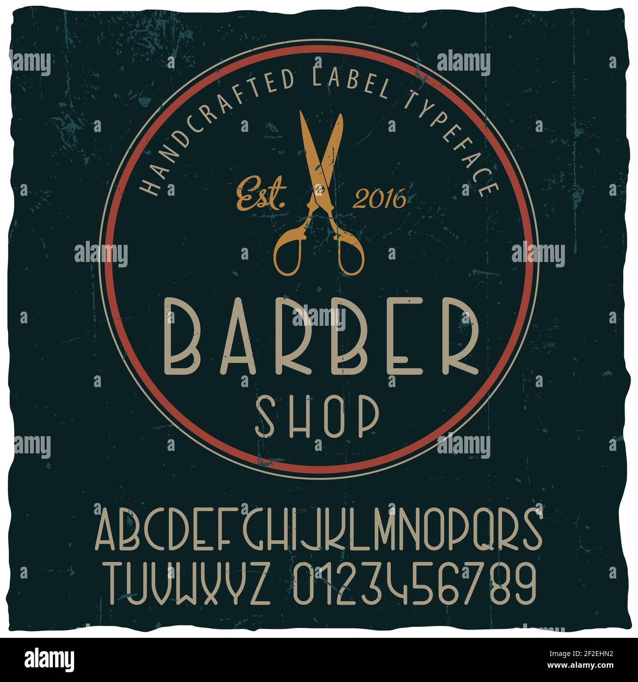 Barber shop typeface poster with sample label design on dusty background vector illustration Stock Vector