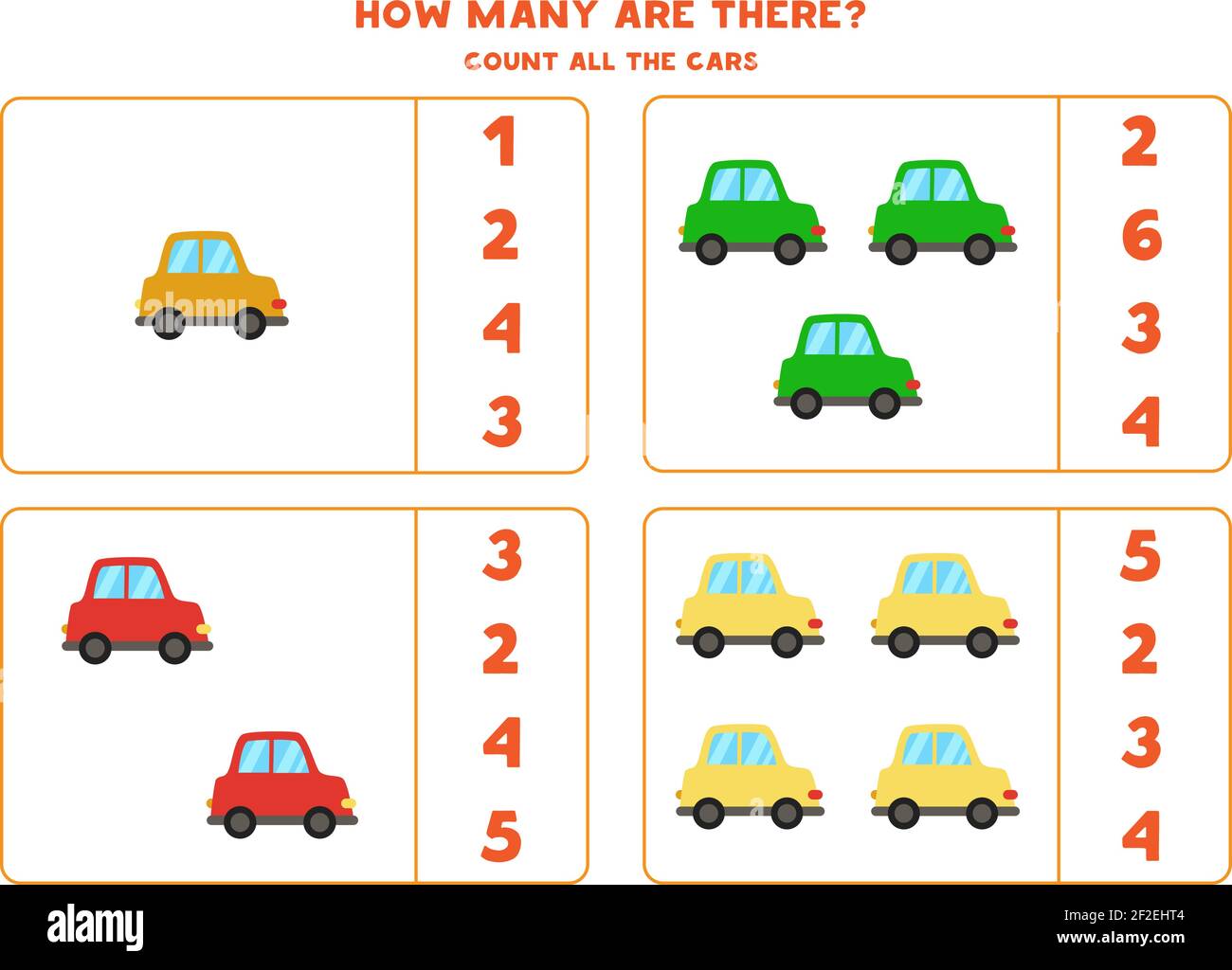 Count all colorful cars and circle the correct answers. Math game for