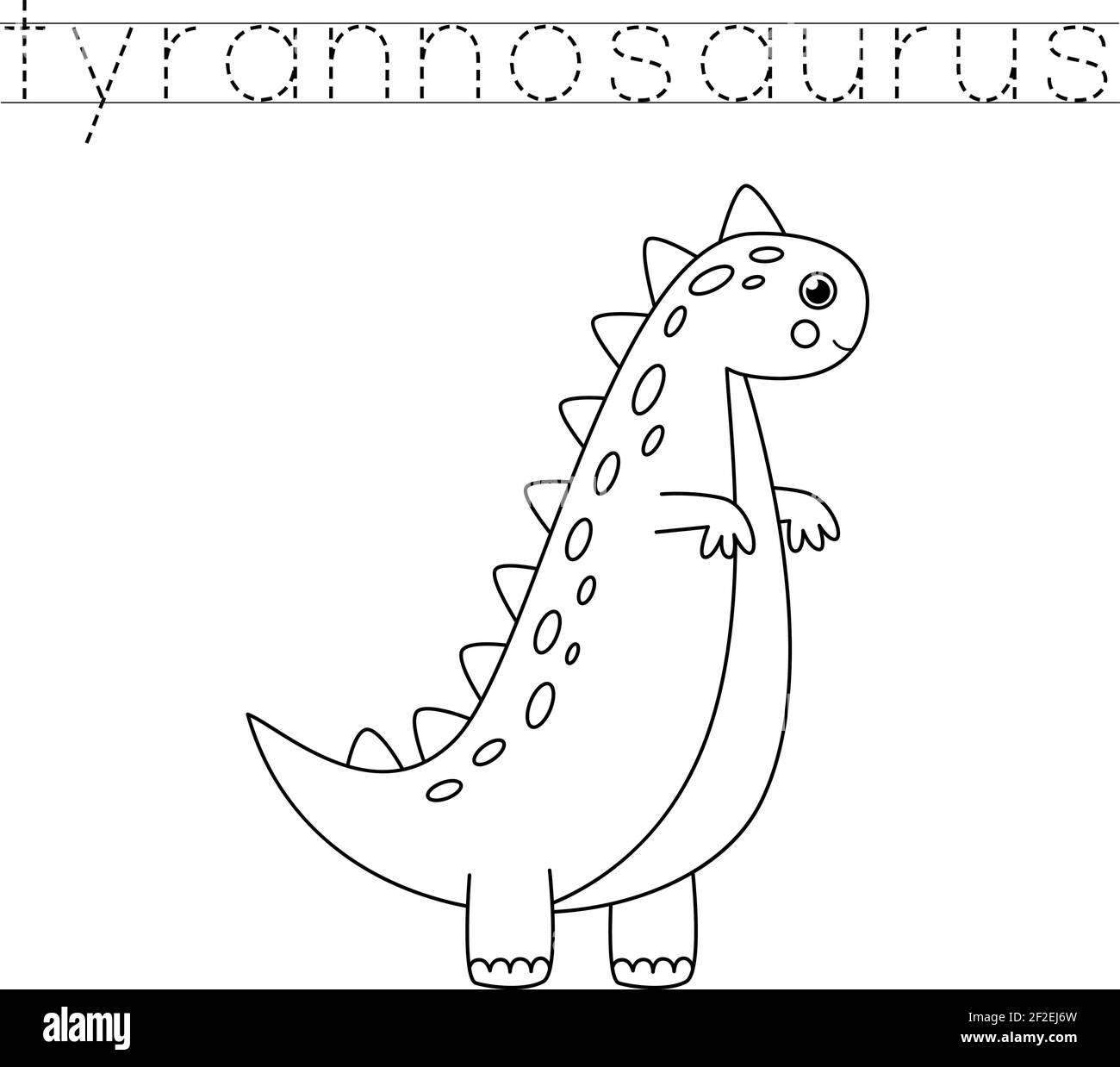 Trace the names of dinosaurs. Color cute tyrannosaurus. Handwriting