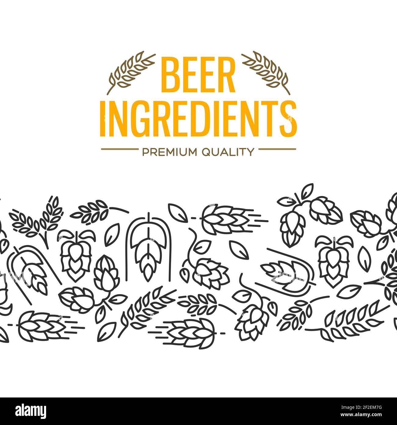 Beer ingredients design card with images under the yellow text and repeating of flowers, twig of hops, blossom, malt vector illustration Stock Vector