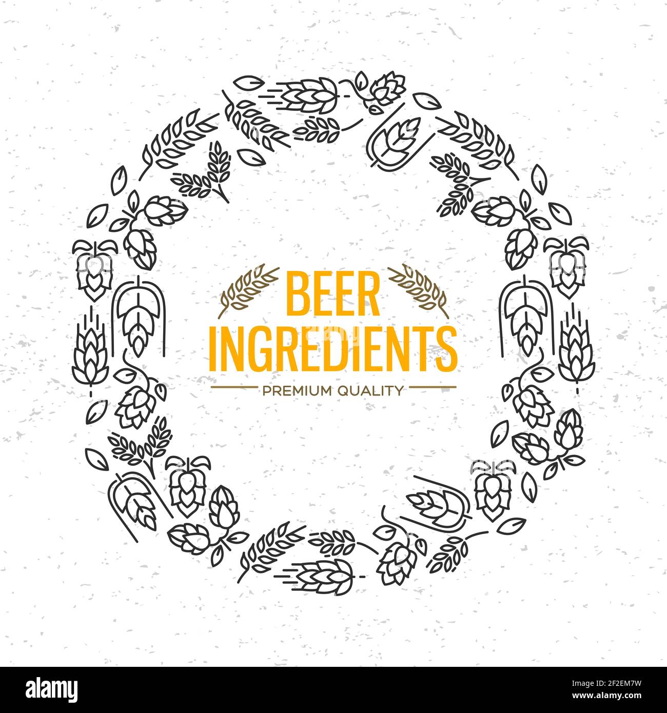 Stylish design round frame with icons of flowers, twig of hops, blossom, malt around the words beer ingredients in the centre vector illustration Stock Vector