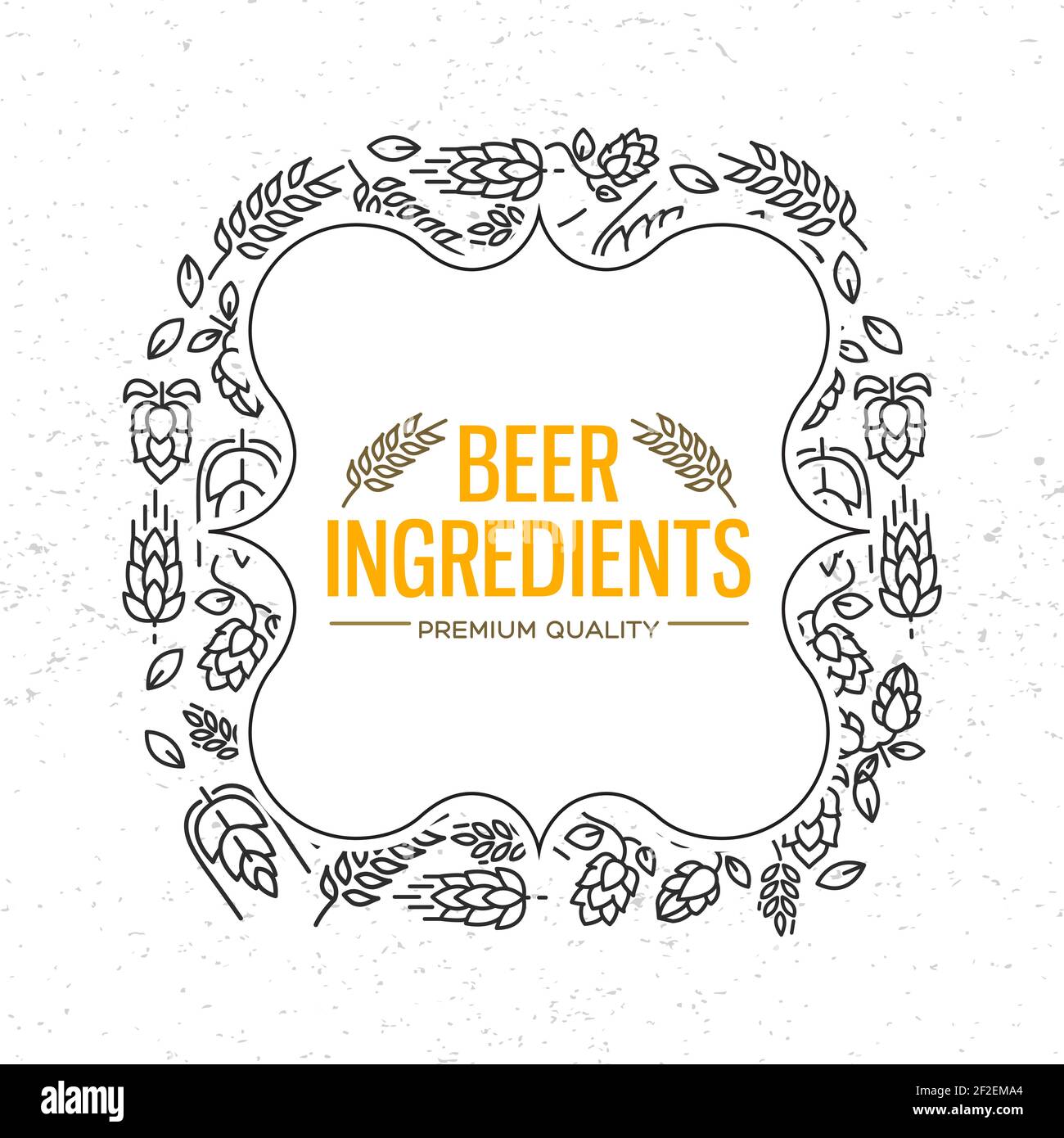 Stylish design figured frame with icons of flowers, twig of hops, blossom, malt around the words beer ingredients in the centre vector illustration Stock Vector