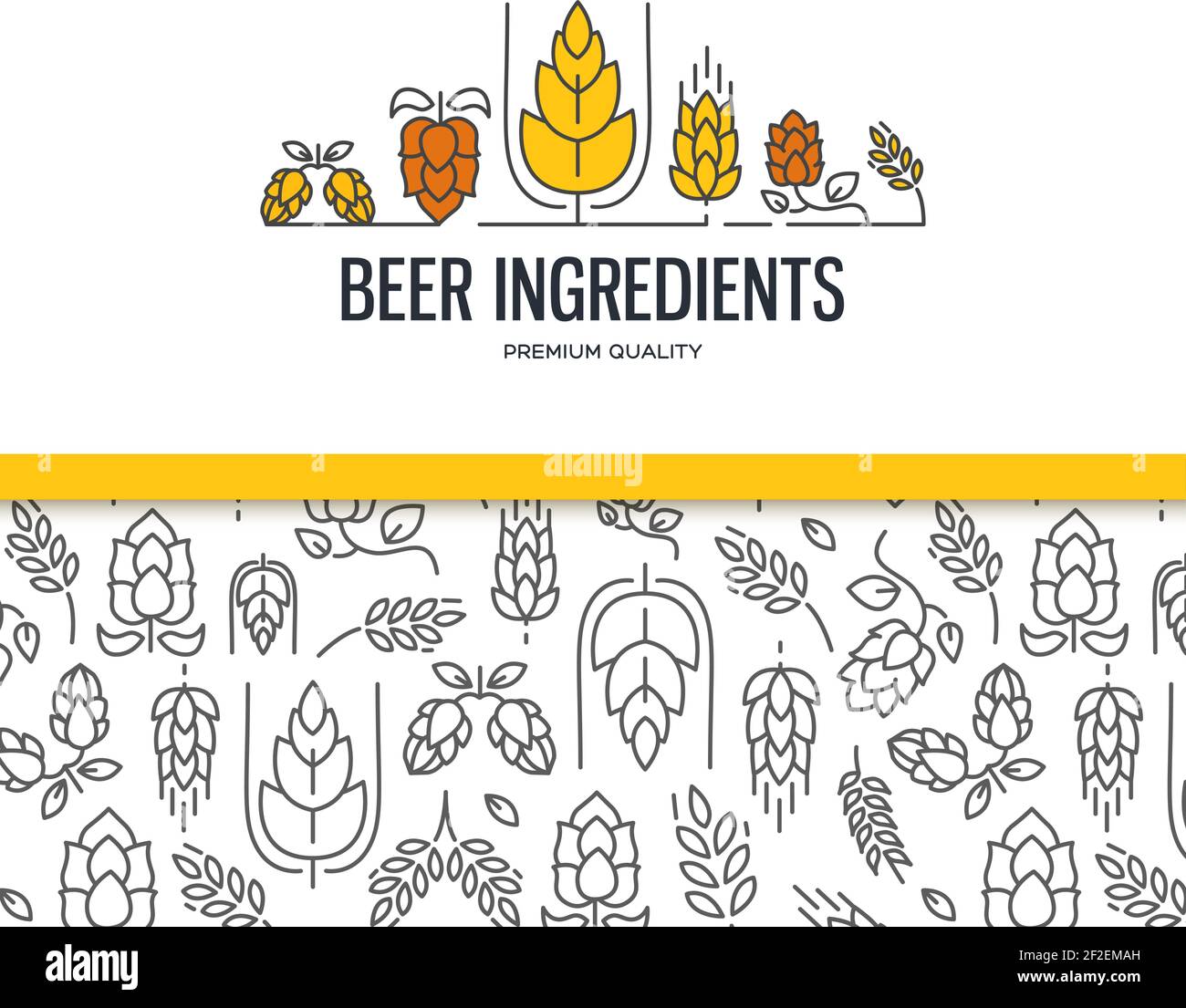 Stylish design collection with two field with malt seamless pattern and with the text beer ingredients with twig of hops, blossom, malt vector illustr Stock Vector
