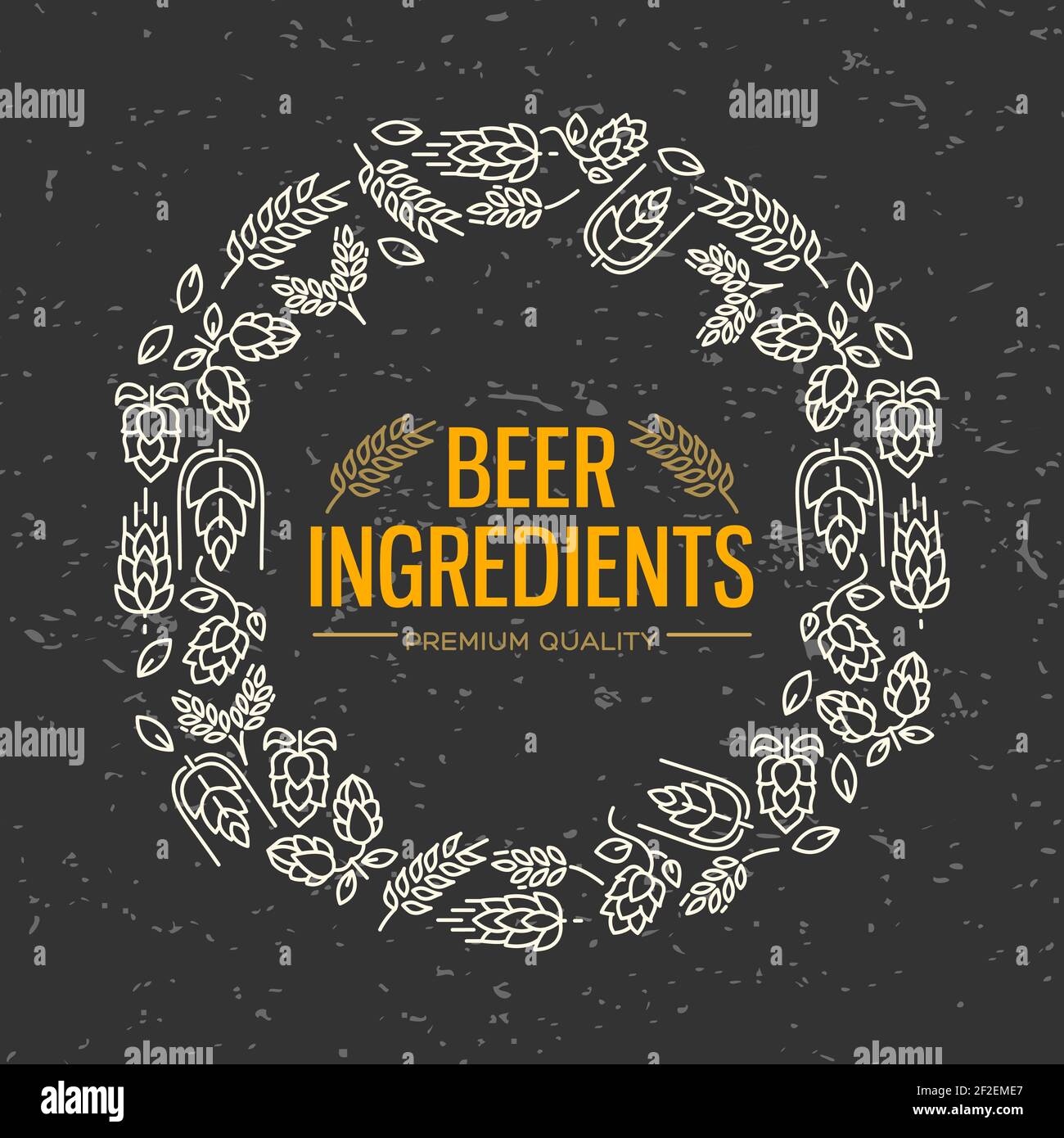 Stylish design figured frame with white icons of flowers, twig of hops, blossom, malt around the text beer ingredients in the centre on the black back Stock Vector