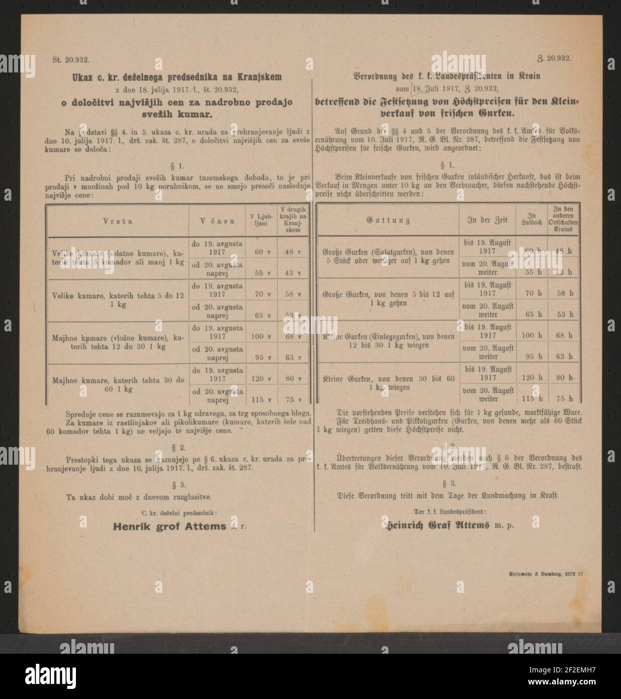 Preise für frische Gurken - Verordnung - Laibach - Mehrsprachiges Plakat 1917. Stock Photo