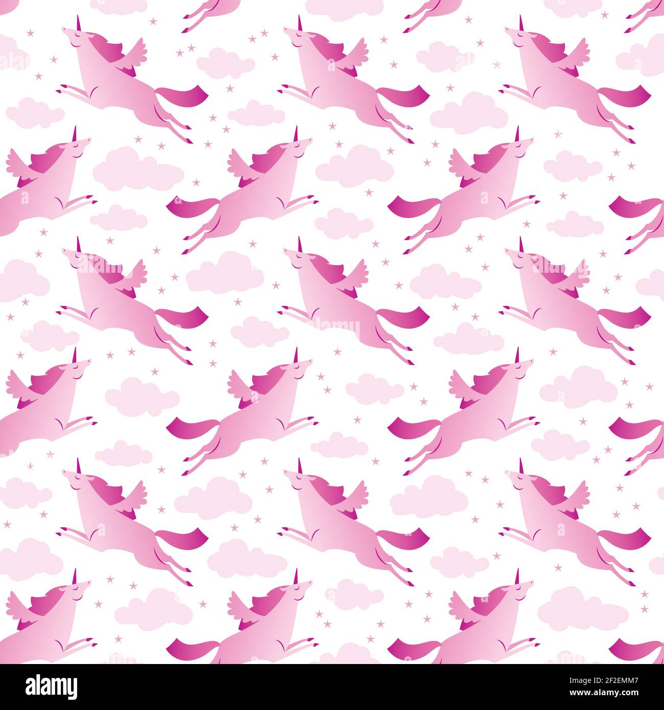 Unicorns pink and white seamless pattern with clouds and stars flat ...