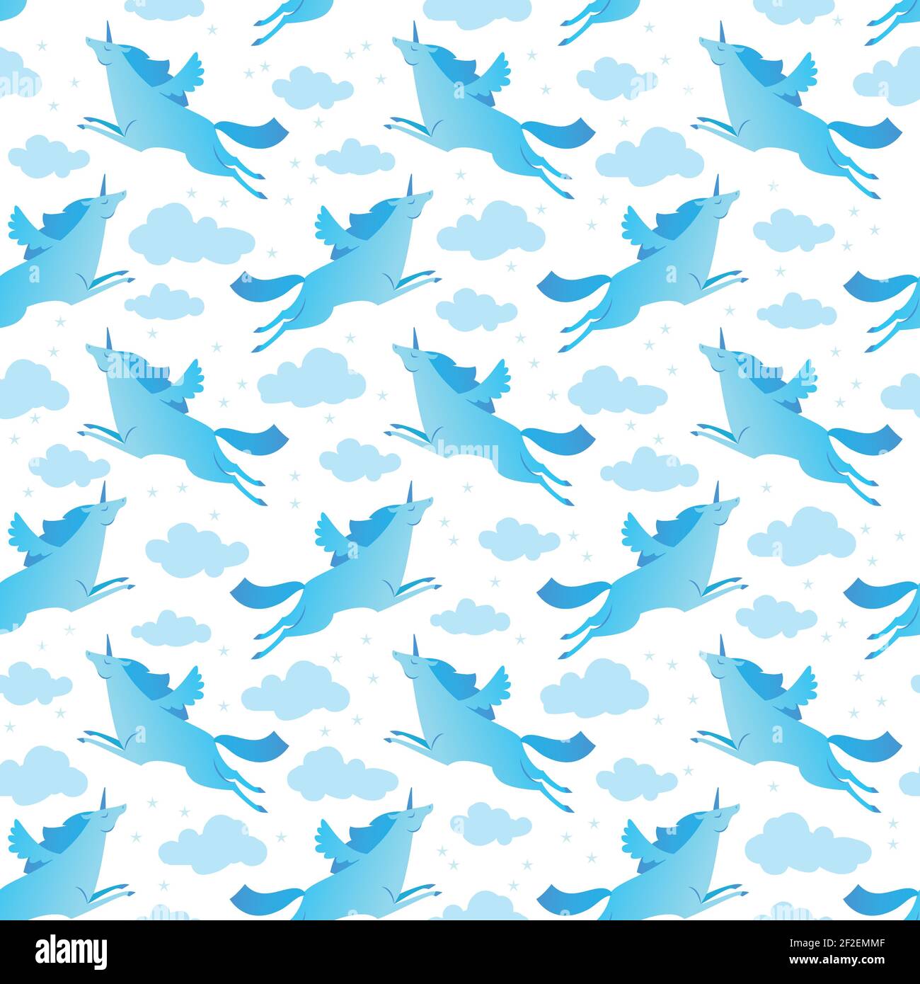Unicorns blue and white seamless pattern with sky and stars flat vector ...