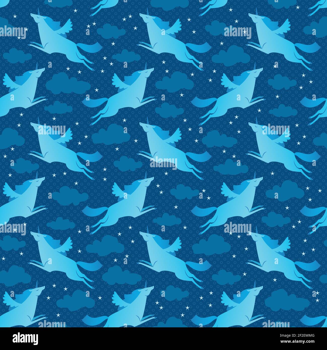 Flying unicorns blue seamless pattern with sky and stars flat vector ...