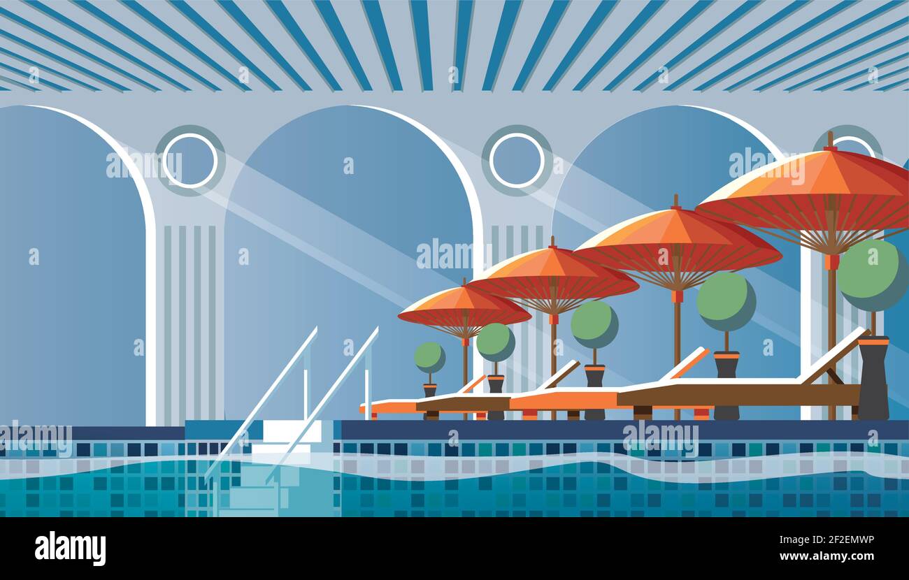 Poolside flat composition with sunbeds Stock Vector
