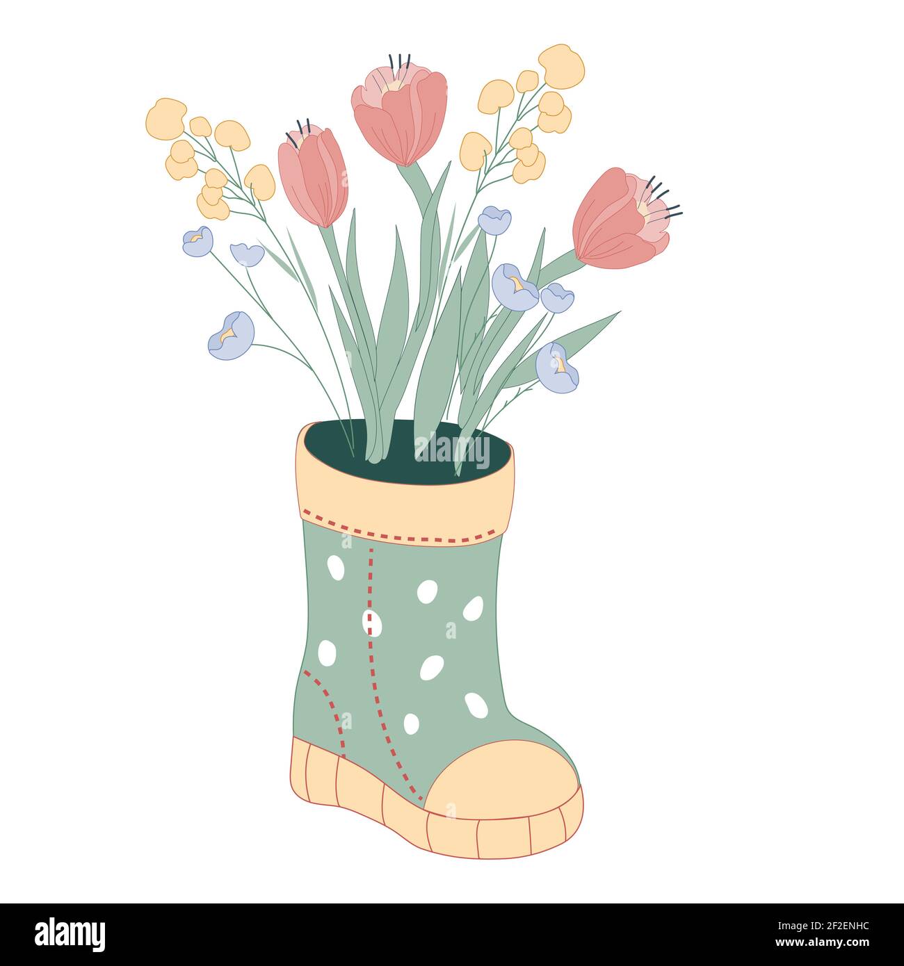 Bouquet of tulips and spring wildflowers in polka dot rubber boots ...