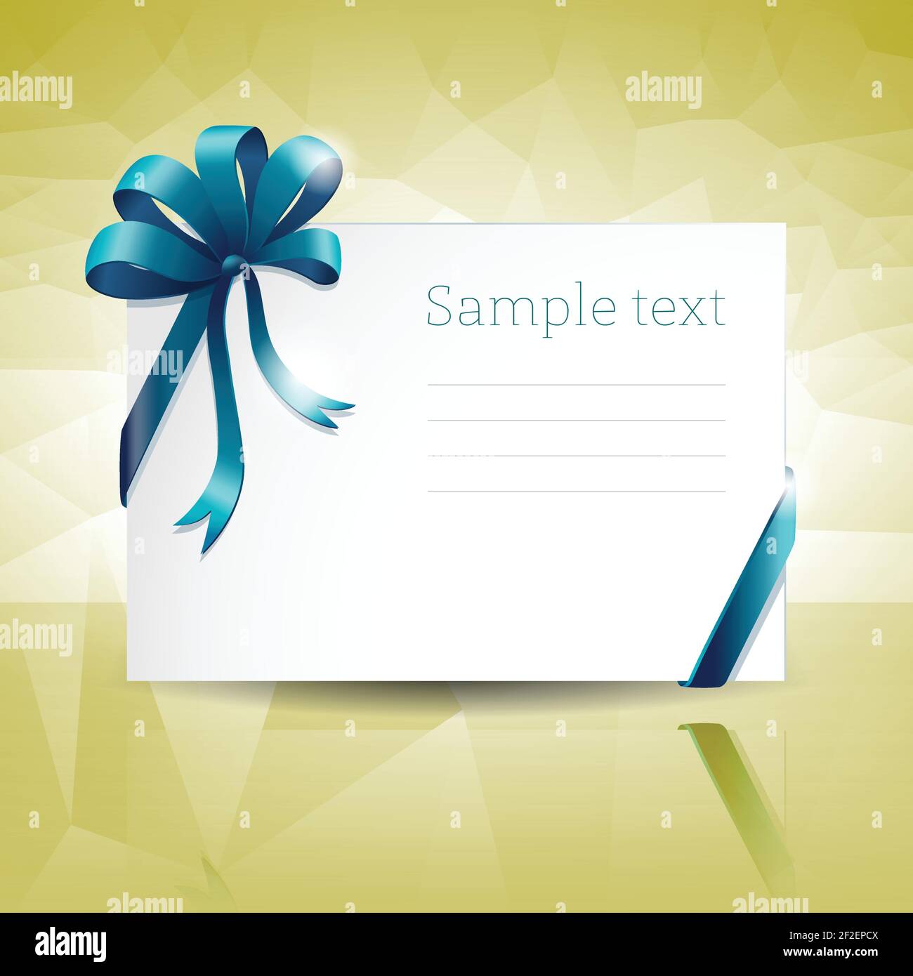 Blank white gift card with blue ribbon bow and text field on glassy