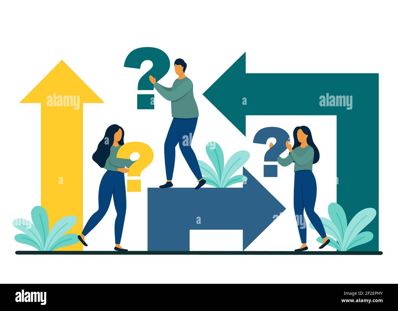 A group of people holding a question mark in their hands with direction arrows around. Decision making and work strategy concept. Flat style vector il Stock Vector