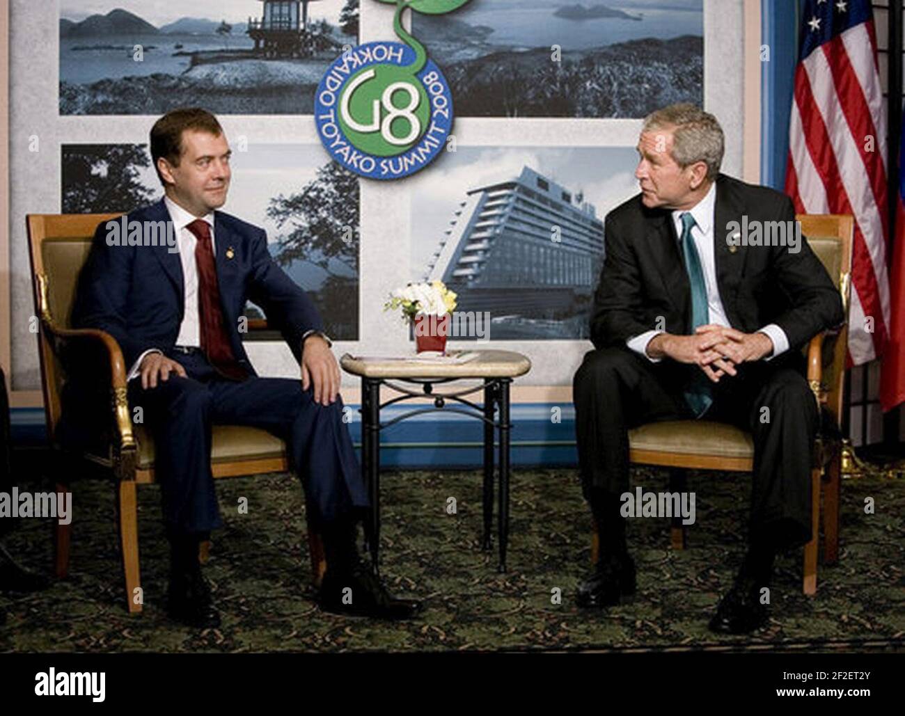 President Bush Meets with President Medvedev of Russia at G8 Summit. Stock Photo