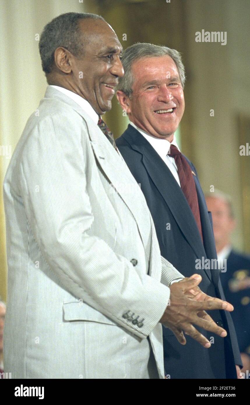President Bush and Bill Cosby at the Presidential Medal of Freedom Award Ceremony. Stock Photo
