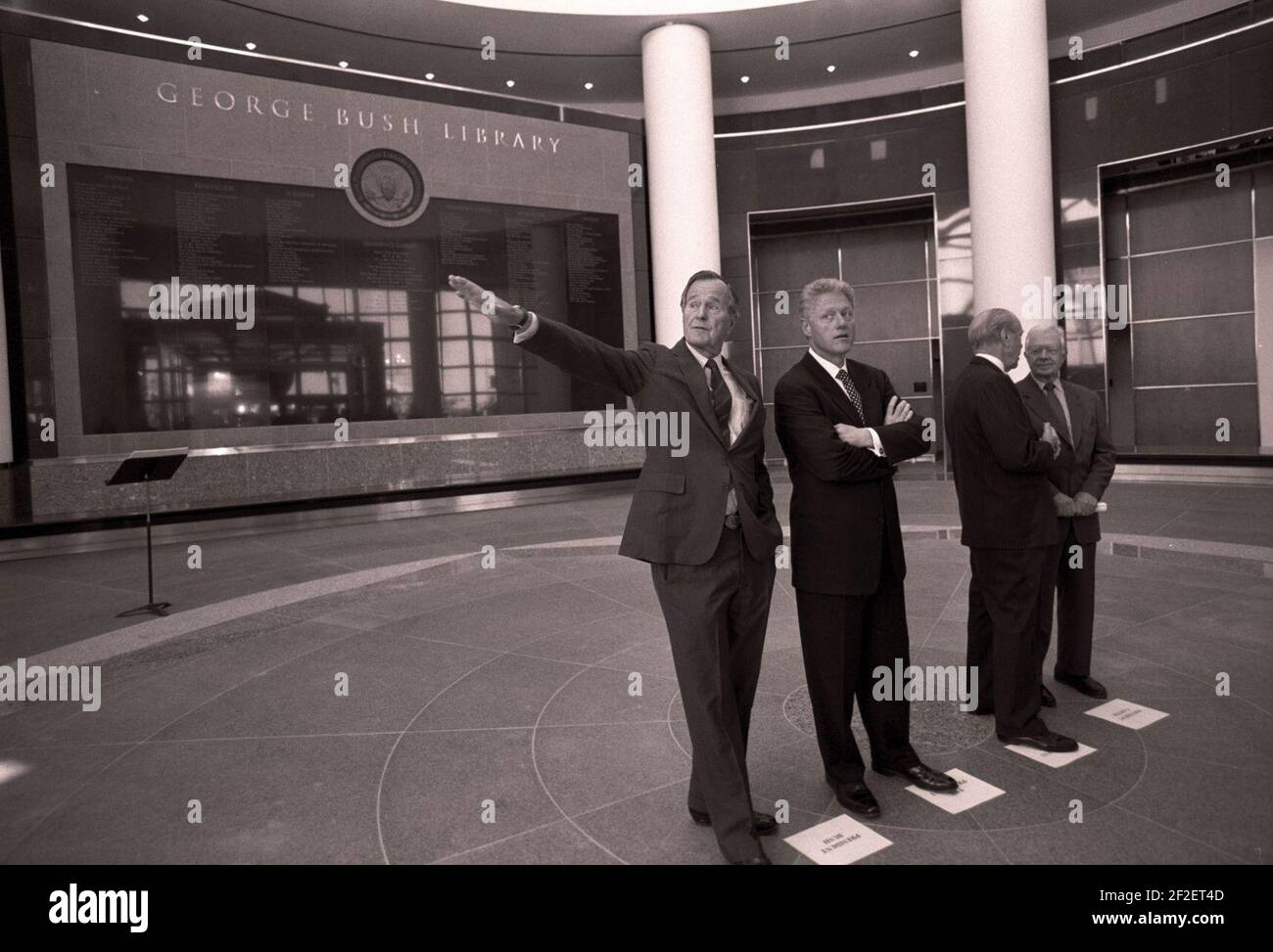 President Bill Clinton with former presidents George H. W. Bush, Gerald Ford, and Jimmy Carter. Stock Photo