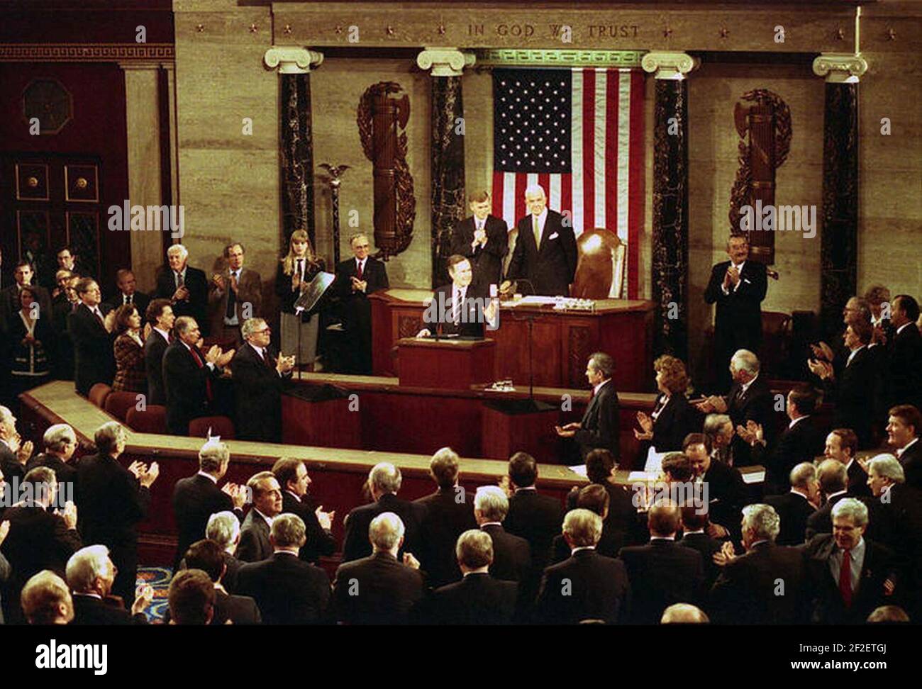 President George H. W. Bush addresses a joint session of Congress regarding the end of the war with Iraq. U.S. Capitol, Washington, DC. Stock Photo