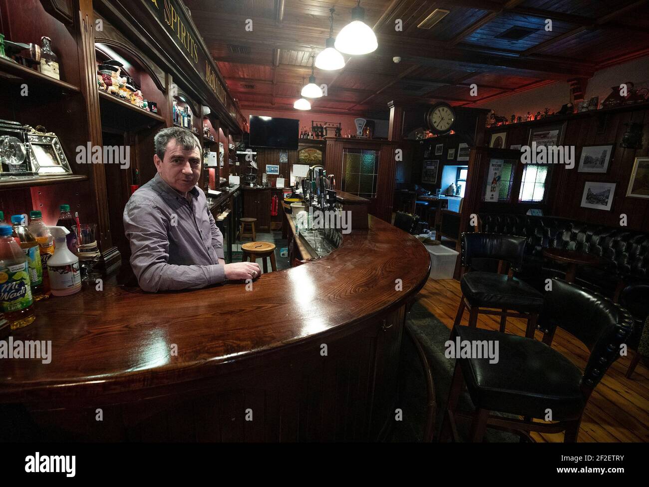 Noel McNally, owner of McNally's bar in Carrickmacross, Co Monaghan, who has opened for just five weeks in the past year due to the coronavirus pandemic. Picture date: Thursday March 11, 2021. Stock Photo