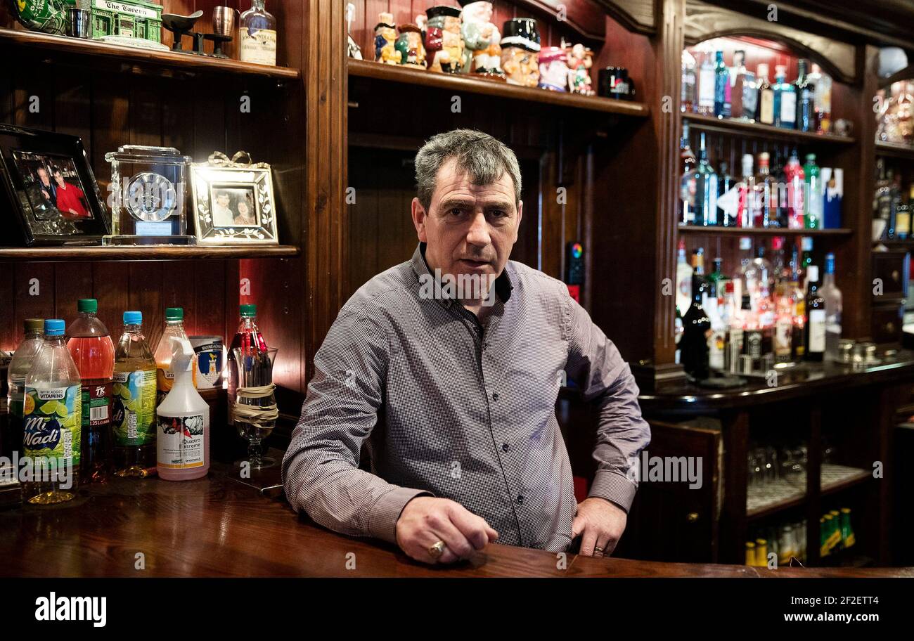 Noel McNally, owner of McNally's bar in Carrickmacross, Co Monaghan, who has opened for just five weeks in the past year due to the coronavirus pandemic. Picture date: Thursday March 11, 2021. Stock Photo