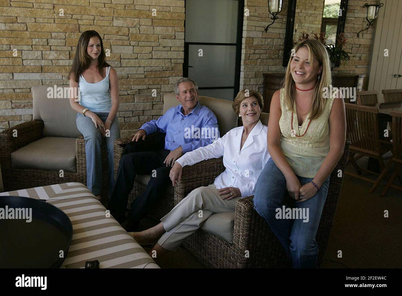 President George W. Bush and Mrs. Laura Bush Relax with Their Daughters, Barbara and Jenna at Prairie Chapel Ranch in Crawford, Texas. Stock Photo