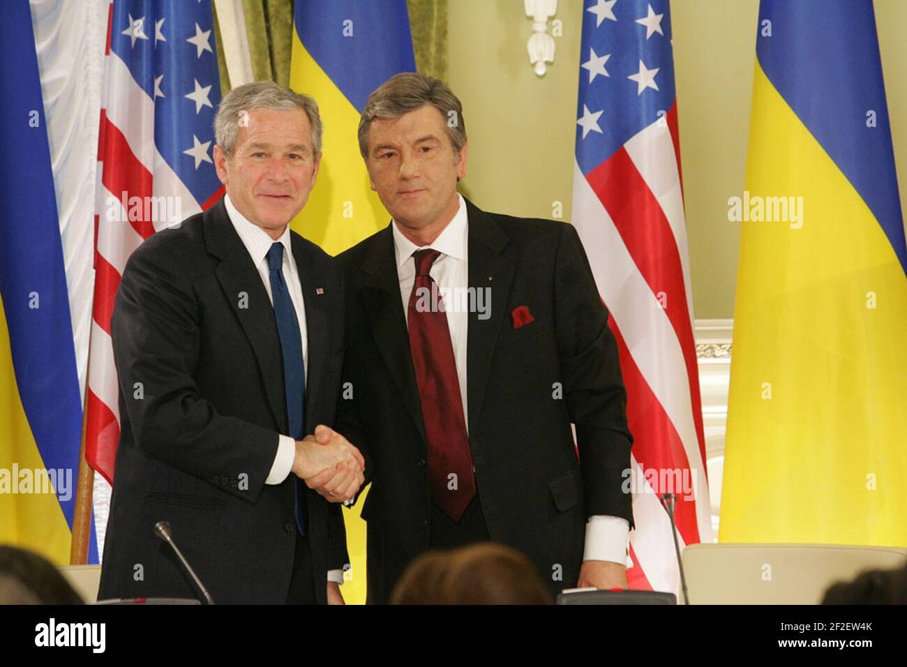 President George W. Bush and President Viktor Yushchenko of the Ukraine Shake Hands. Stock Photo