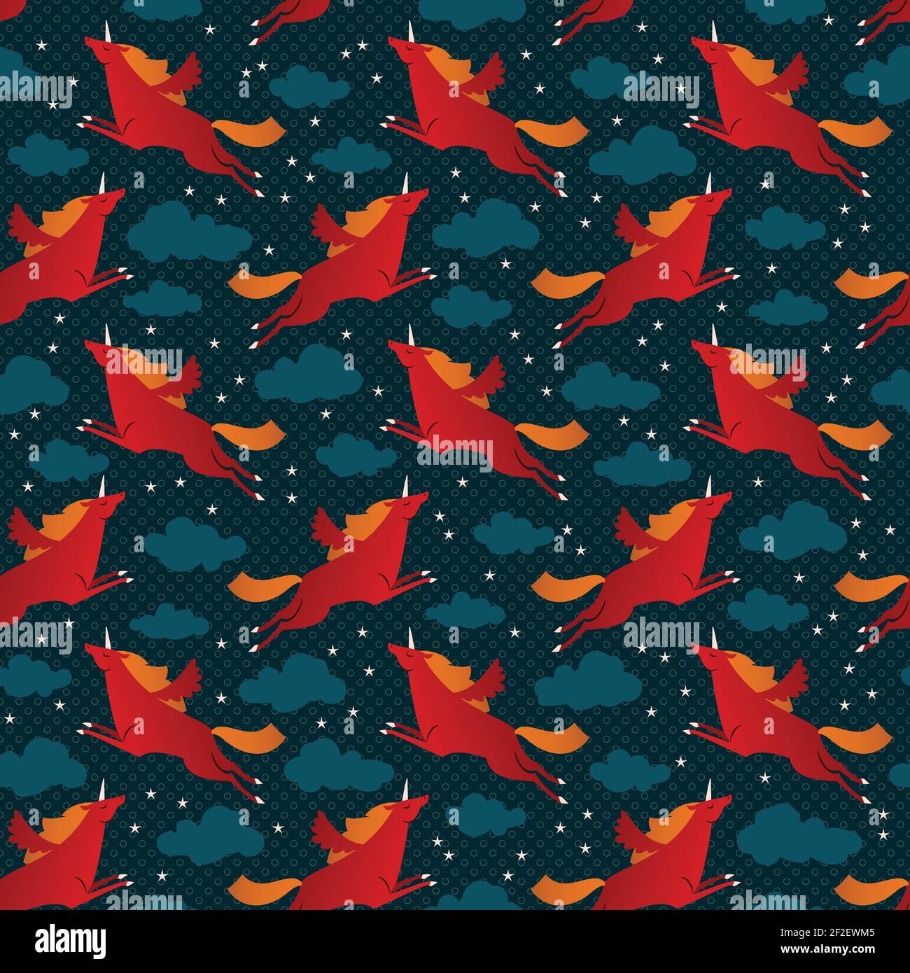 Flying red unicorns seamless pattern with clouds and stars flat vector illustration Stock Vector