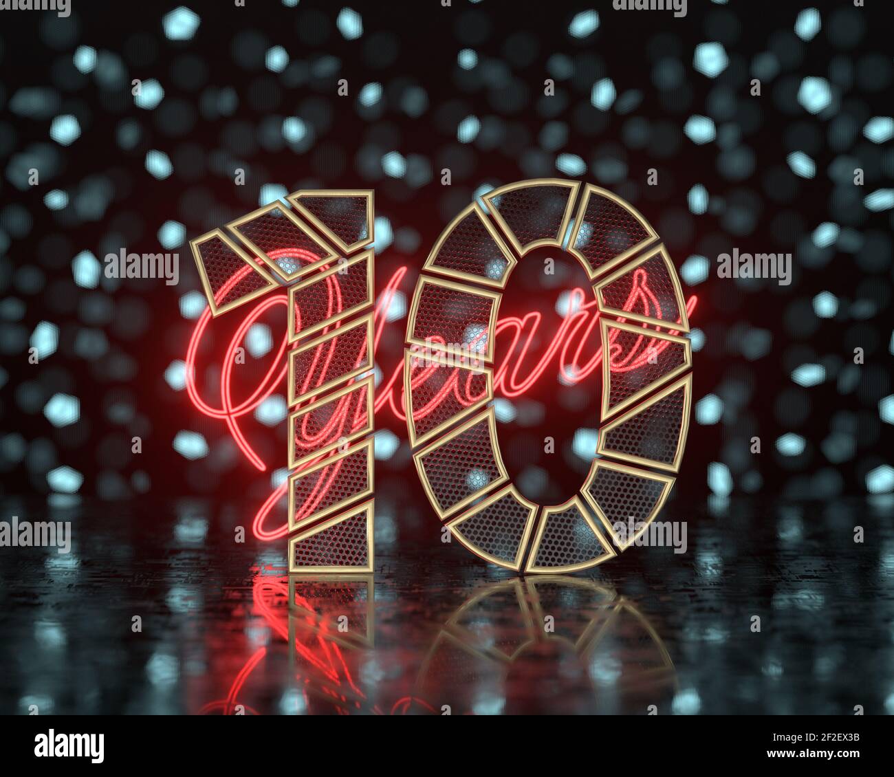 Golden number ten (number 10) cut into perforated gold segments with  inscription years with a background of glowing blurred shapes. 3D illustration Stock Photo