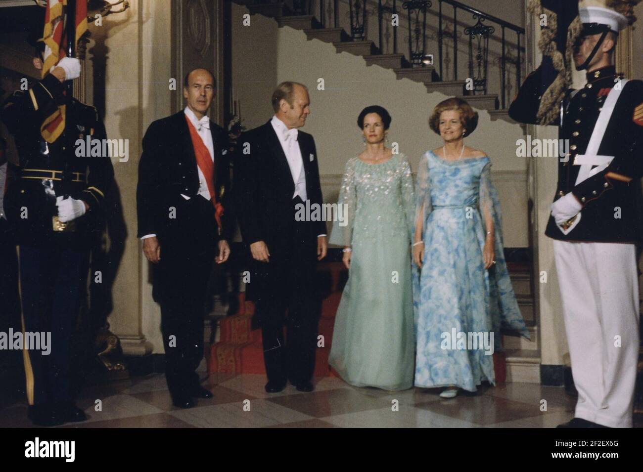 President Gerald Ford, First Lady Betty Ford, President Valéry Giscard d'Estaing, and Anne-Aymone Giscard d'Estaing (cropped). Stock Photo