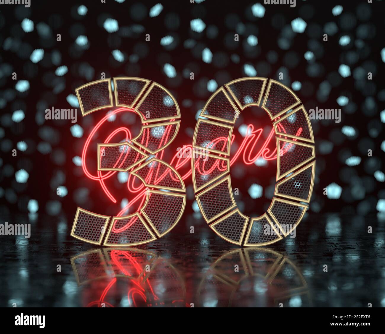 Golden number thirty (number 30) cut into perforated gold segments with ...