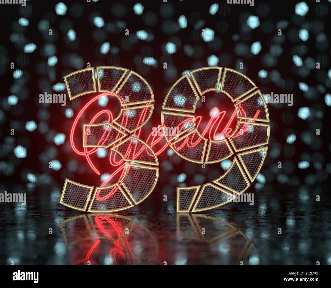 Golden number thirty-nine (number 39) cut into perforated gold segments with  inscription years with a background of glowing blurred shapes. 3D illust Stock Photo