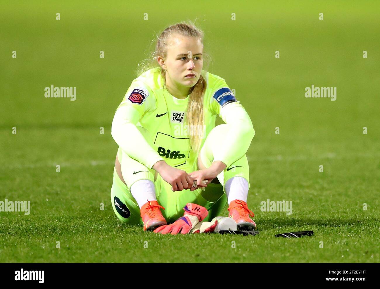 Birmingham City goalkeeper Hannah Hampton looks dejected during the FA Women's Super League match at the SportNation.bet Stadium, Solihull. Picture date: Thursday March 11, 2021. Stock Photo