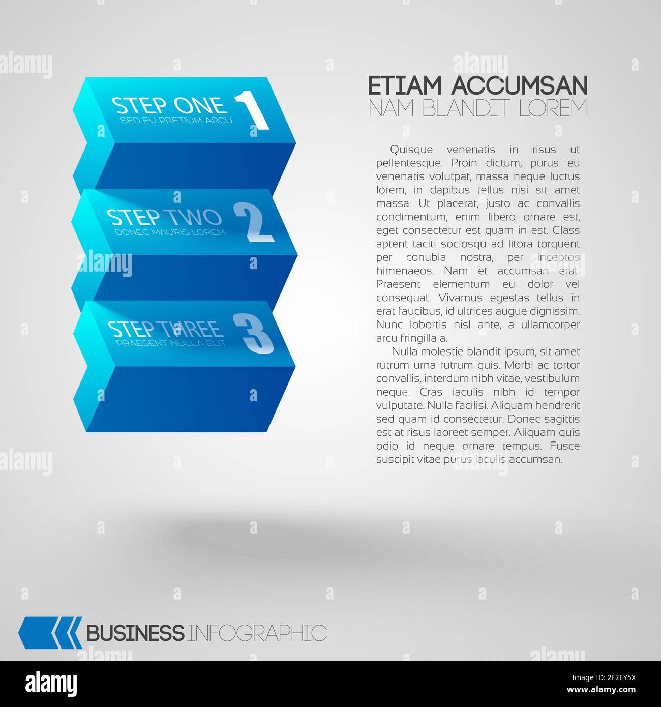Infographic with text and blue bricks with three steps on gray Stock Vector