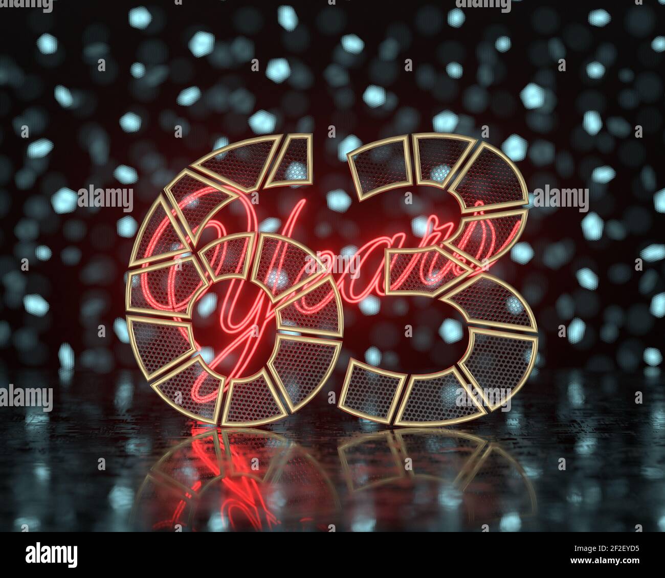 Golden number sixty-three (number 63) cut into perforated gold segments ...