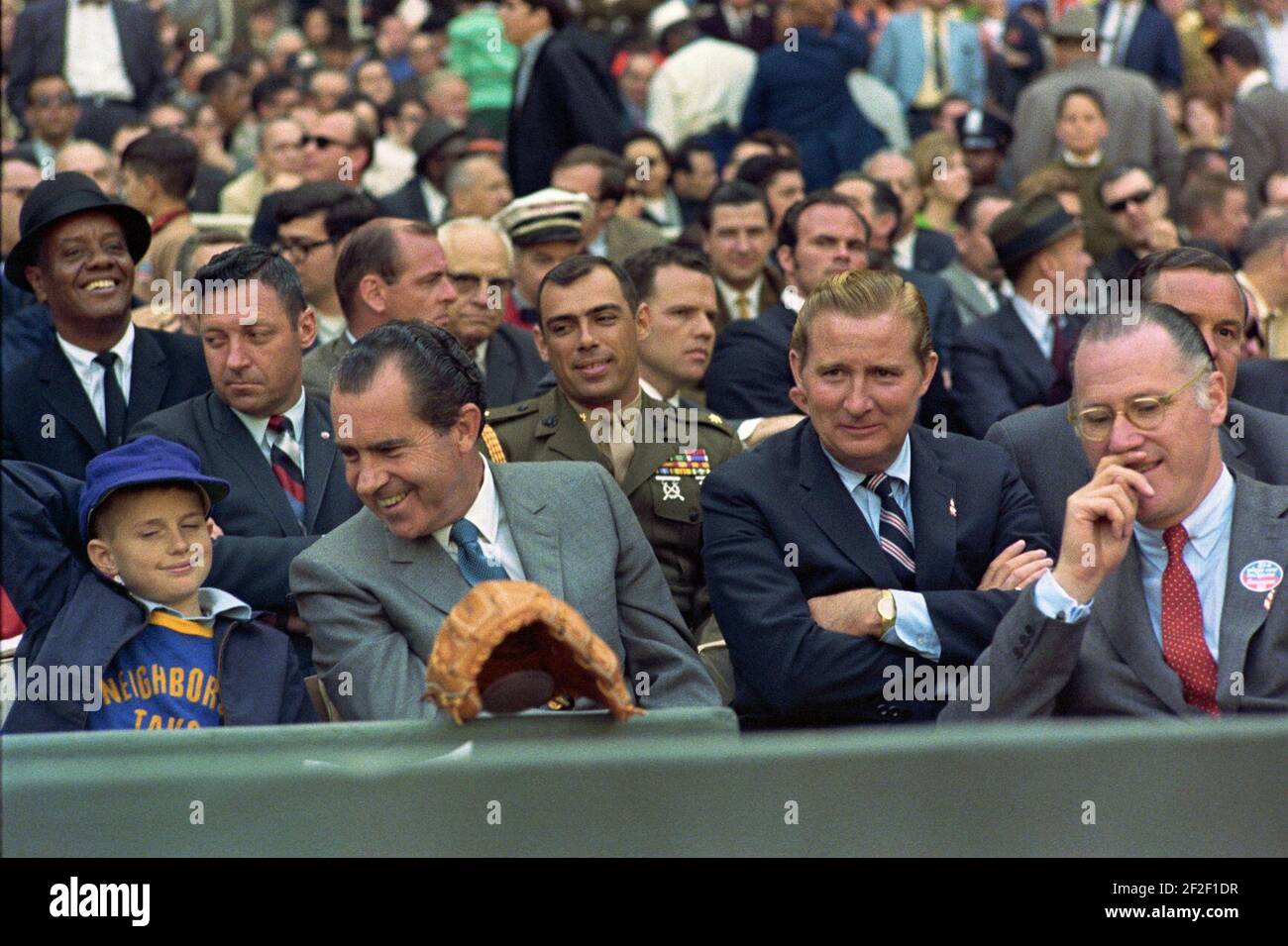 President Richard Nixon Enjoys Opening Day Baseball at Robert F. Kennedy Stadium in the Company of a Young Fan. Stock Photo