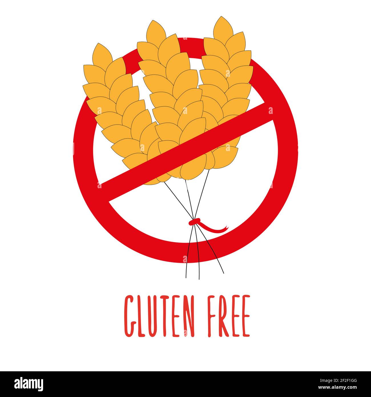 Gluten free label. No wheat symbol. Celiac products label design. Red round restrictive sign with yellow heads of wheat and hand written phrase. Isola Stock Vector