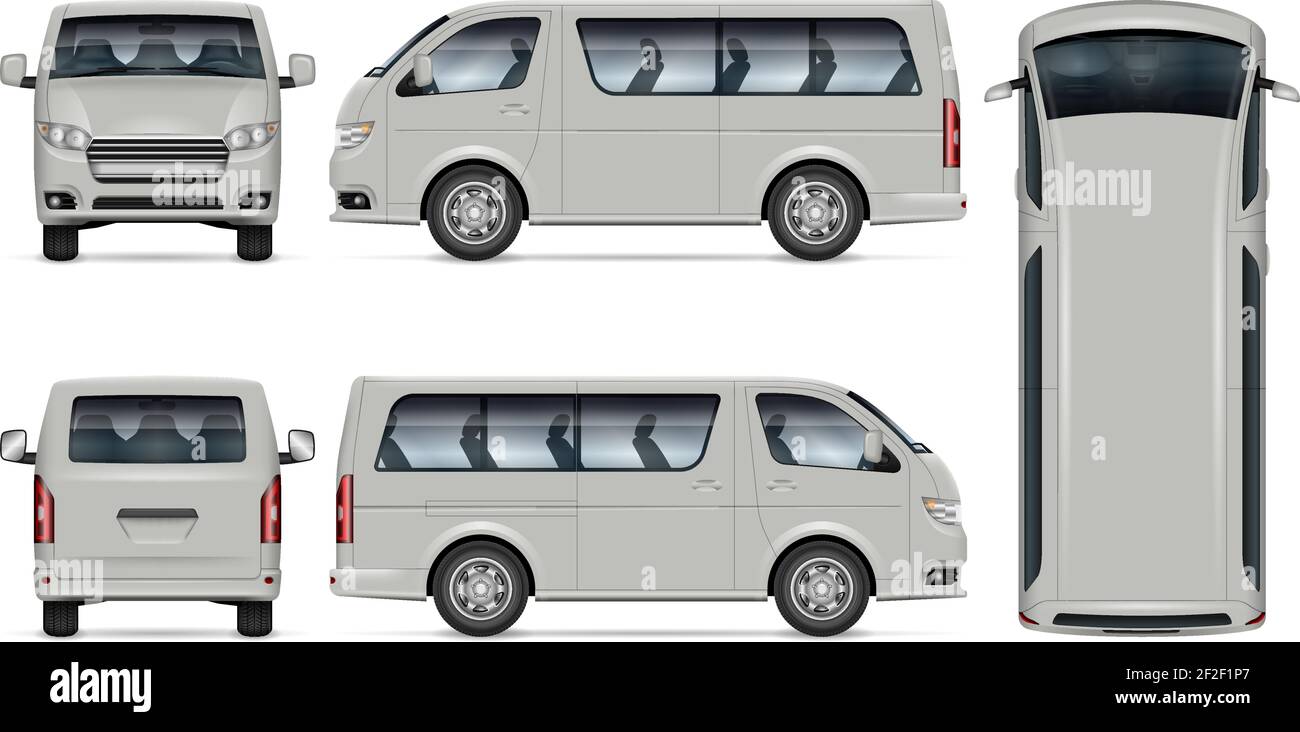 Minibus vector mockup. Isolated template of minivan on white for vehicle branding, corporate identity. All elements in the groups on separate layers. Stock Vector