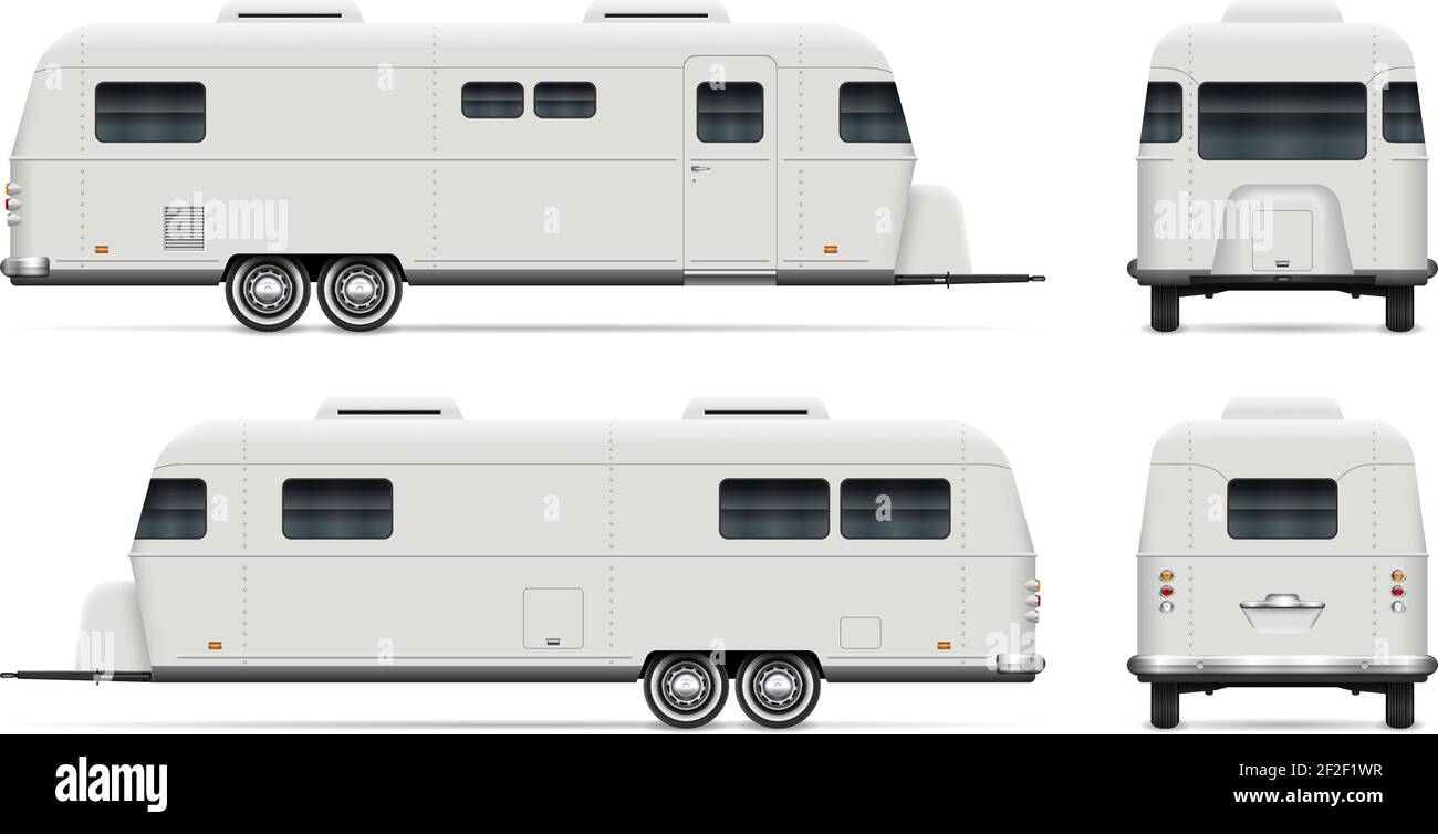 Rv camping trailer vector mockup on white background for vehicle branding, corporate identity. All elements in the groups on separate layers. Stock Vector