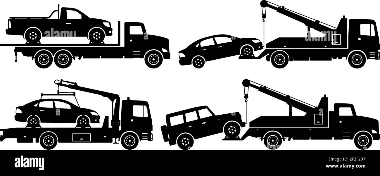 Tow trucks silhouette on white background. Vehicle icons set view from side Stock Vector
