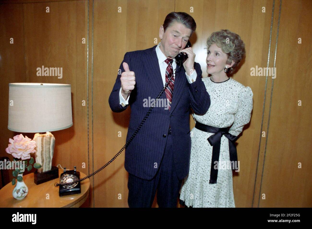 President Ronald Reagan and Nancy Reagan receive a concession telephone