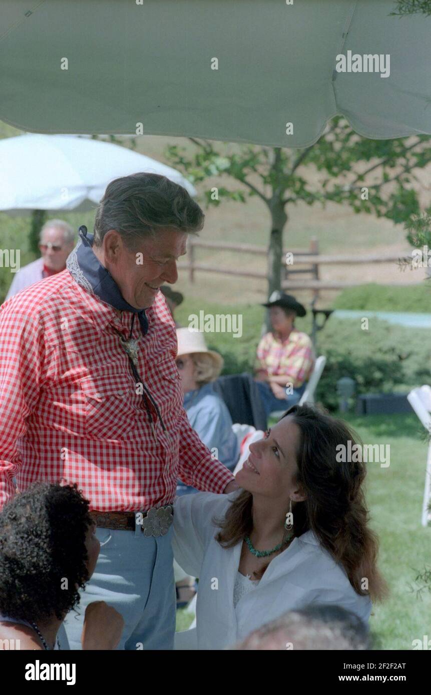 President Ronald Reagan and Patti Davis at Nancy Reagan's Birthday Party at Rancho Del Cielo. Stock Photo