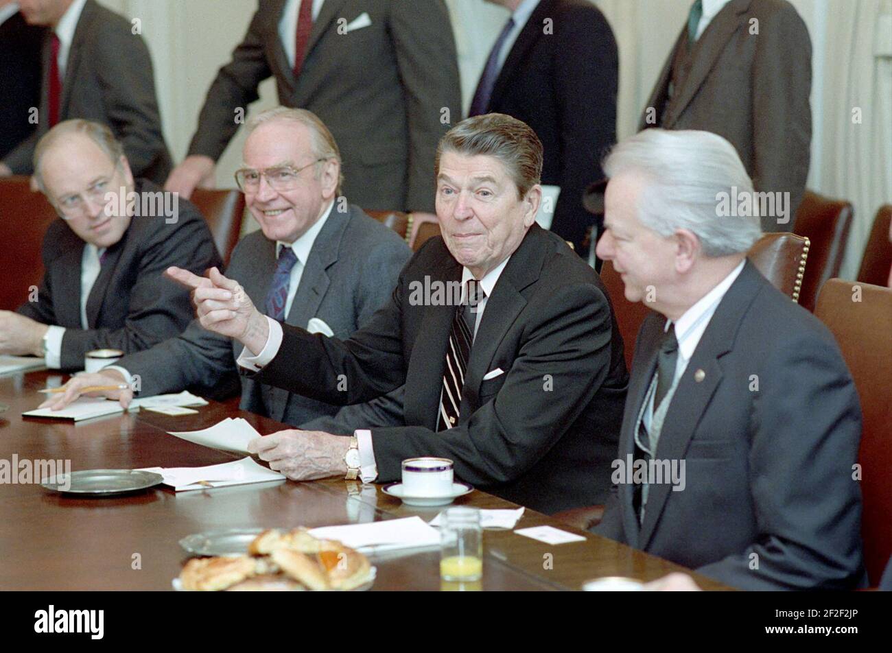 President Ronald Reagan during a bipartisan congressional meeting. Stock Photo
