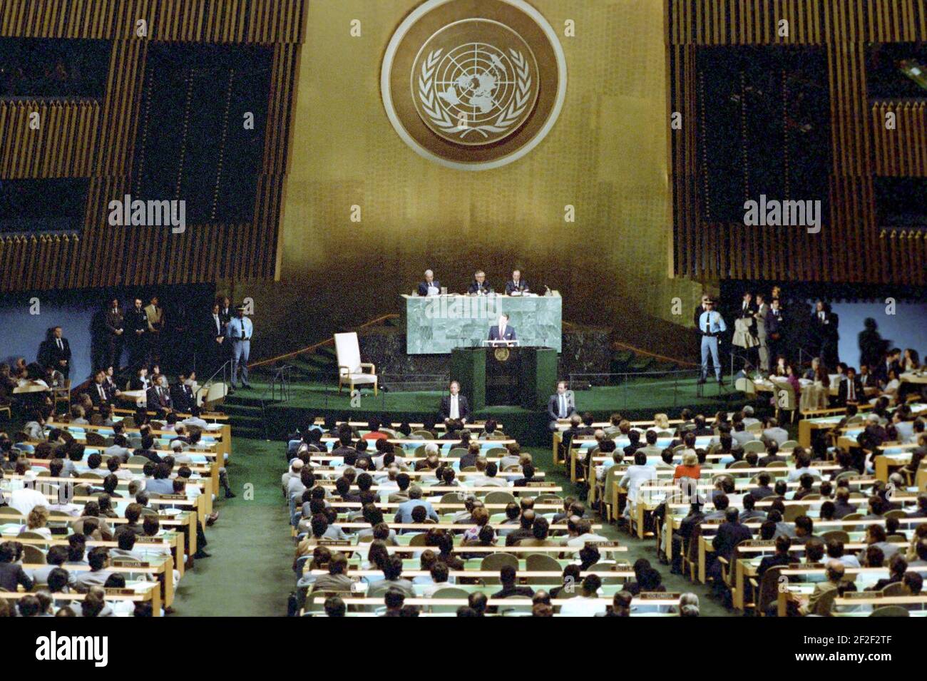 President Ronald Reagan gives a speech in the General Assembly Hall at the United Nations. Stock Photo