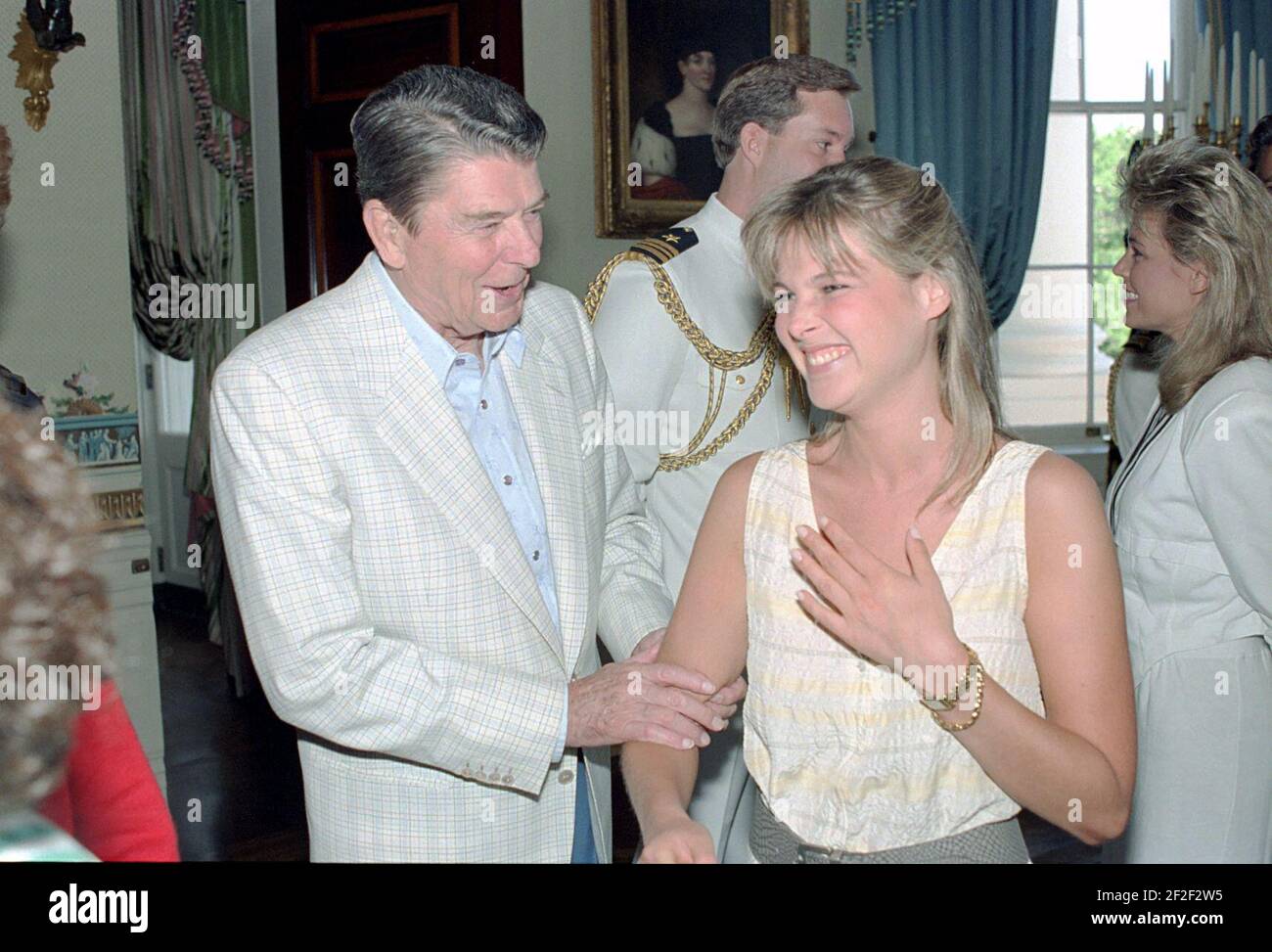 President Ronald Reagan greeting Catherine Oxenberg. Stock Photo