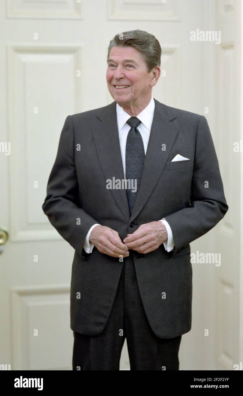 President Ronald Reagan in the Oval Office. Stock Photo