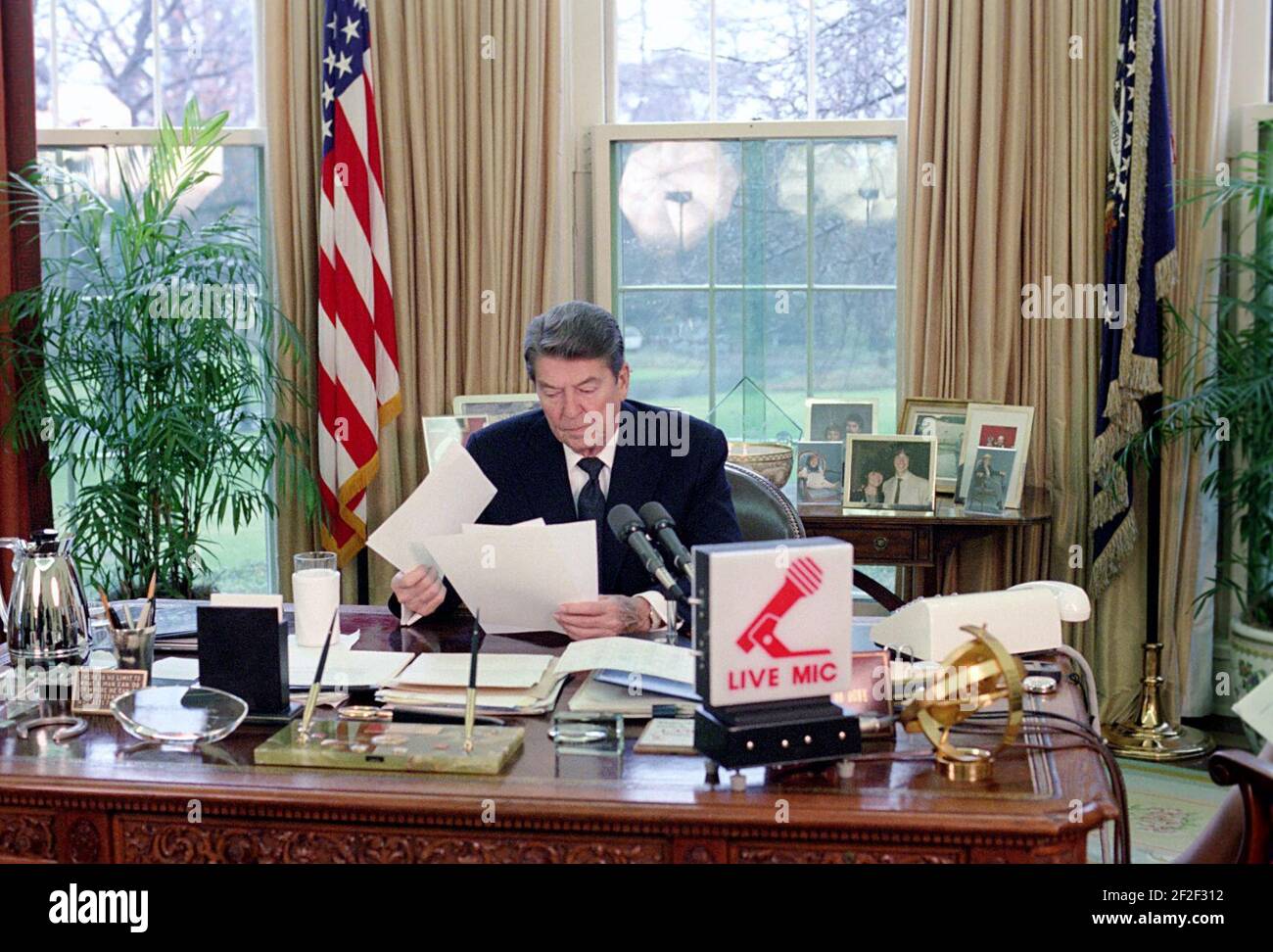 President Ronald Reagan making a radio address to the nation on the ...