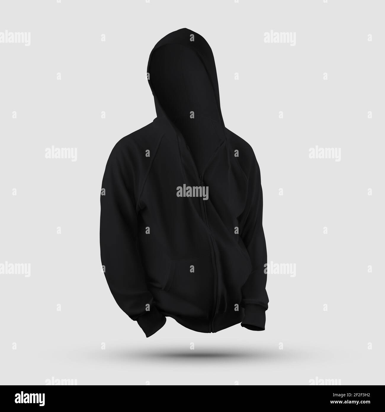Black textile template with hood 3D rendering with pocket, zipper, drawstring isolated on background, front view. Mockup of men's clothing, for presen Stock Photo