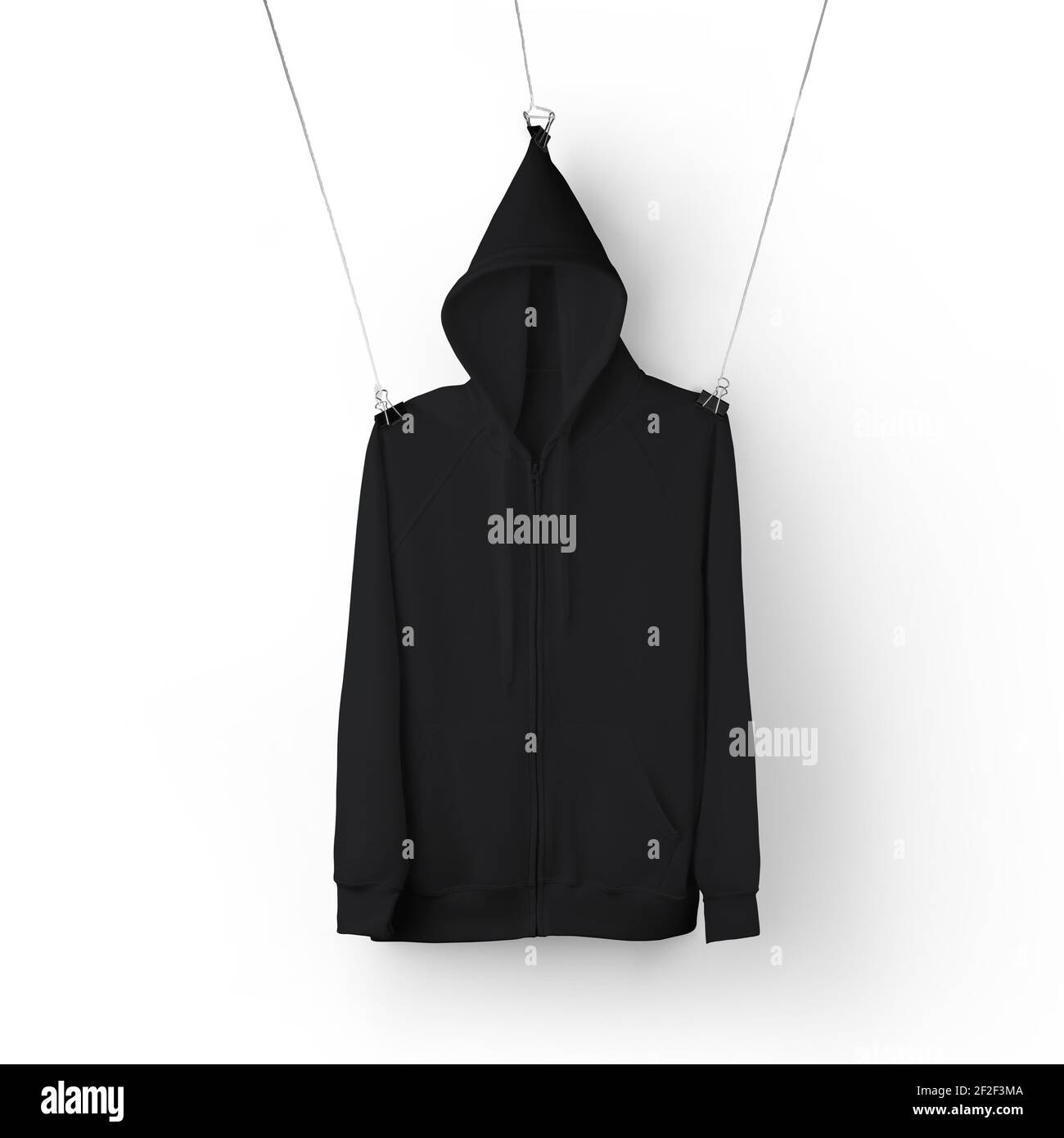 Mockup of black textured sweatshirt with zipper, pocket, pullover hanging on ropes, hoodie isolated on background. Long sleeve clothing template, for Stock Photo