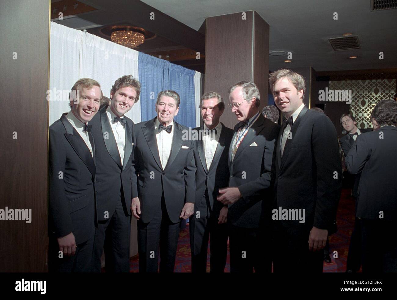 President Ronald Reagan with George H. W. Bush, George W. Bush, Jeb Bush, Neil Bush, and Marvin Bush. Stock Photo